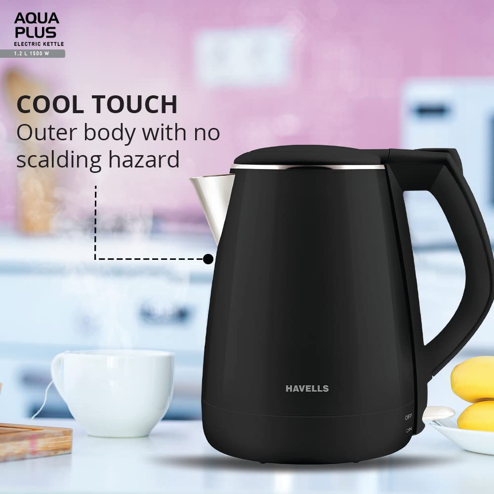 Seasons Havells Aqua Plus 1500W electric kettle in black with 1.2L capacity, showing the sleek, modern design.