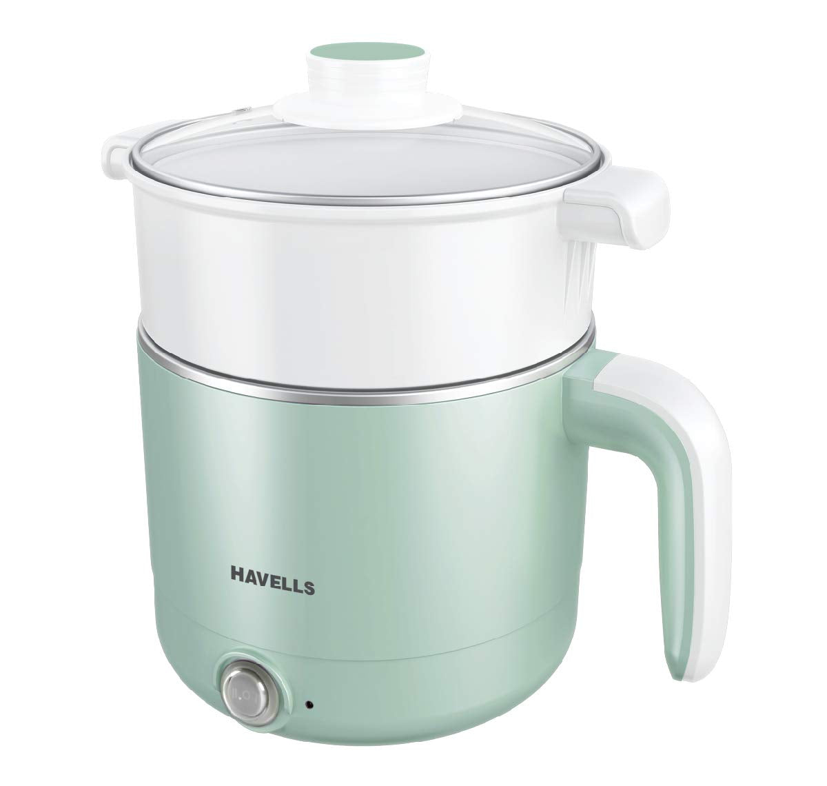 Seasons Havells Capture multi cooker electric kettle in green, 1.2-liter capacity, with a sleek design and ergonomic handle.