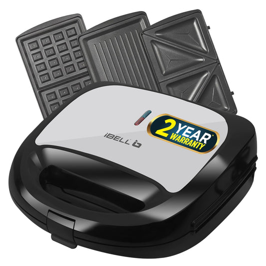 iBELL SM1301 Sandwich Maker 3 in 1, Detachable Plates for Toast, Waffle, Grill, 750W Toast, Grill, Waffle  (Black)