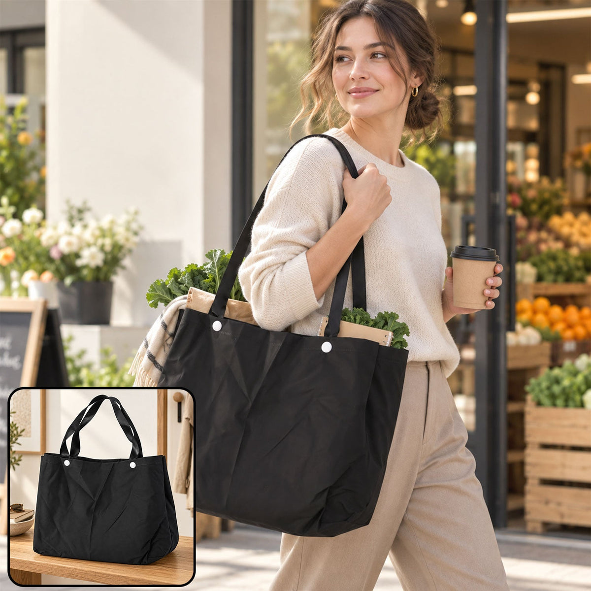 Wukusy shopping tote bag with wide carry straps, 32x23 cm, designed for daily essentials, made of durable fabric.
