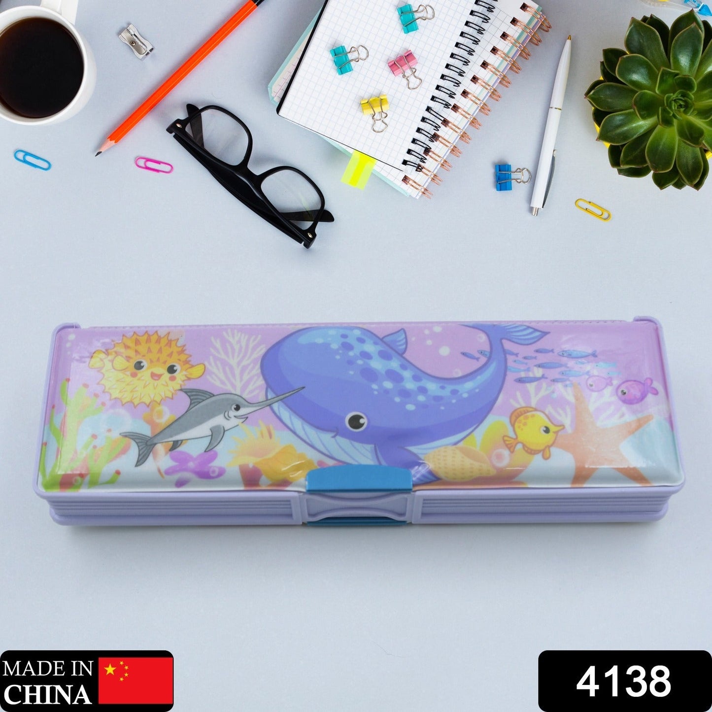Wukusy 4138 multipurpose plastic pencil case with dual compartments, cartoon print, suitable for school supplies and organization.