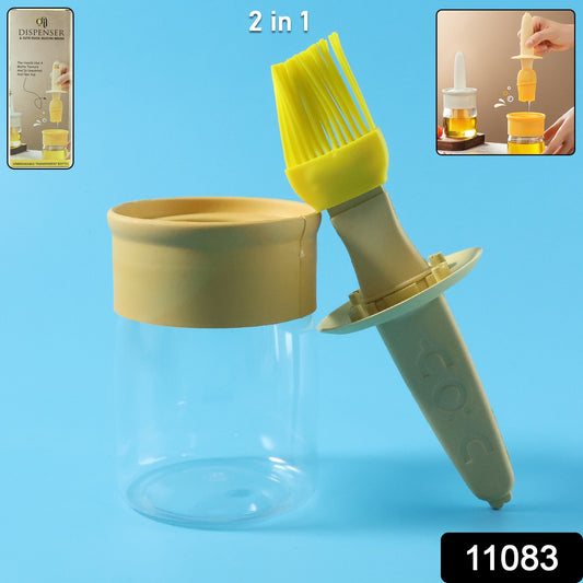 Wukusy 2-in-1 oil dispenser bottle showing a clear plastic bottle with a dual-spout design for easy pouring and oil control.