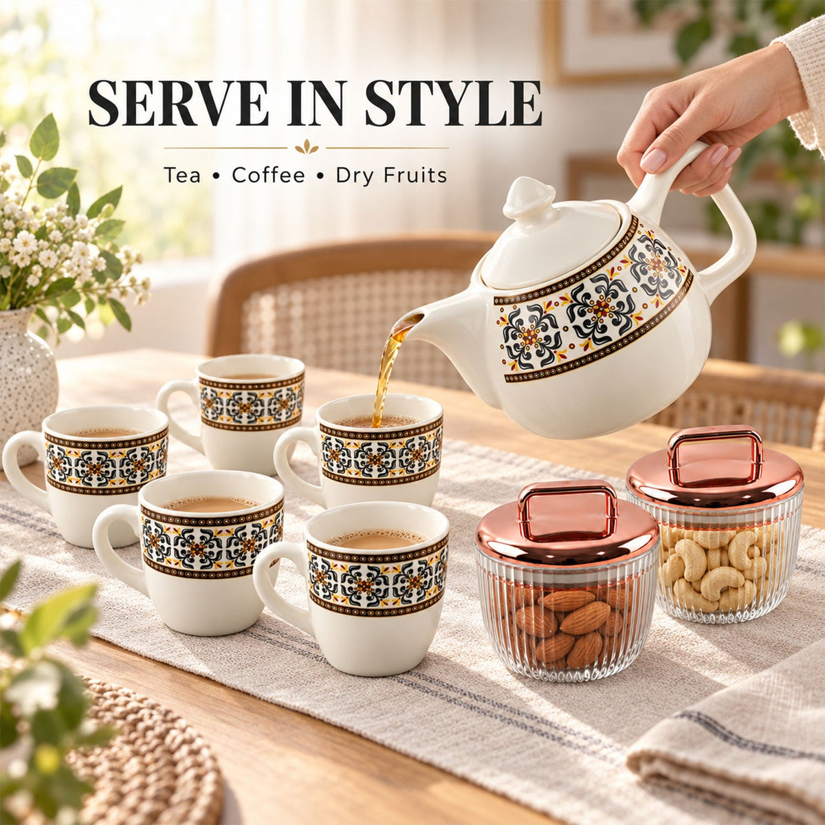 Wukusy tea gift set with kettle, 6 cups, and 2 dry fruit jars, displayed on a wooden table with tea accessories.