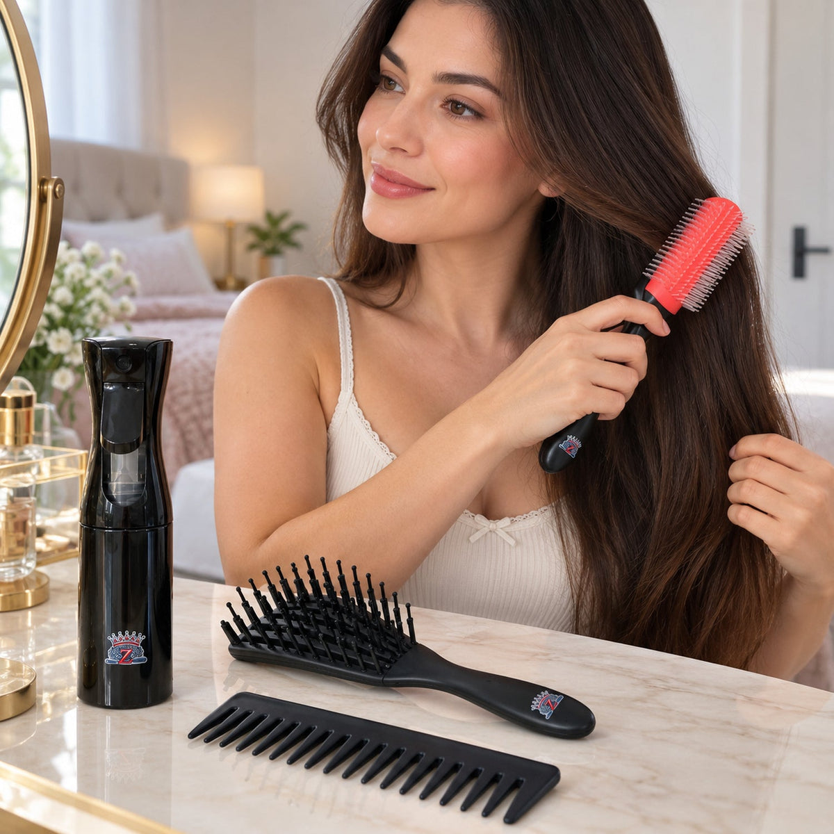 Wukusy 4-in-1 hair grooming set with spray bottle, brushes, and wide-tooth comb for styling and detangling hair.