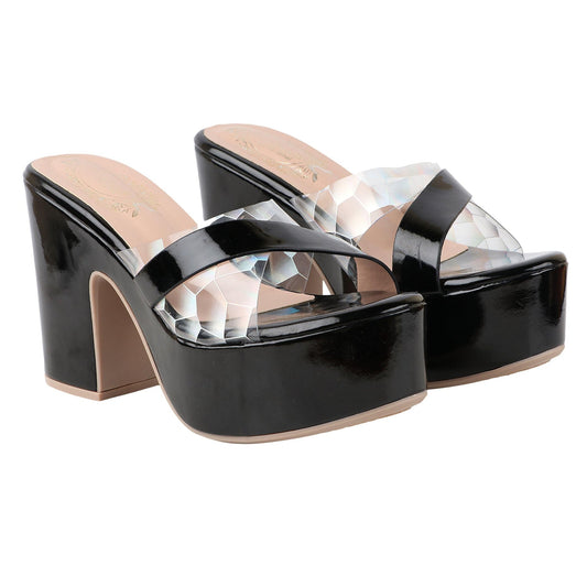 Black women’s heels sandal from Shoetopia, stylish open-toe design with a comfortable heel for everyday wear.