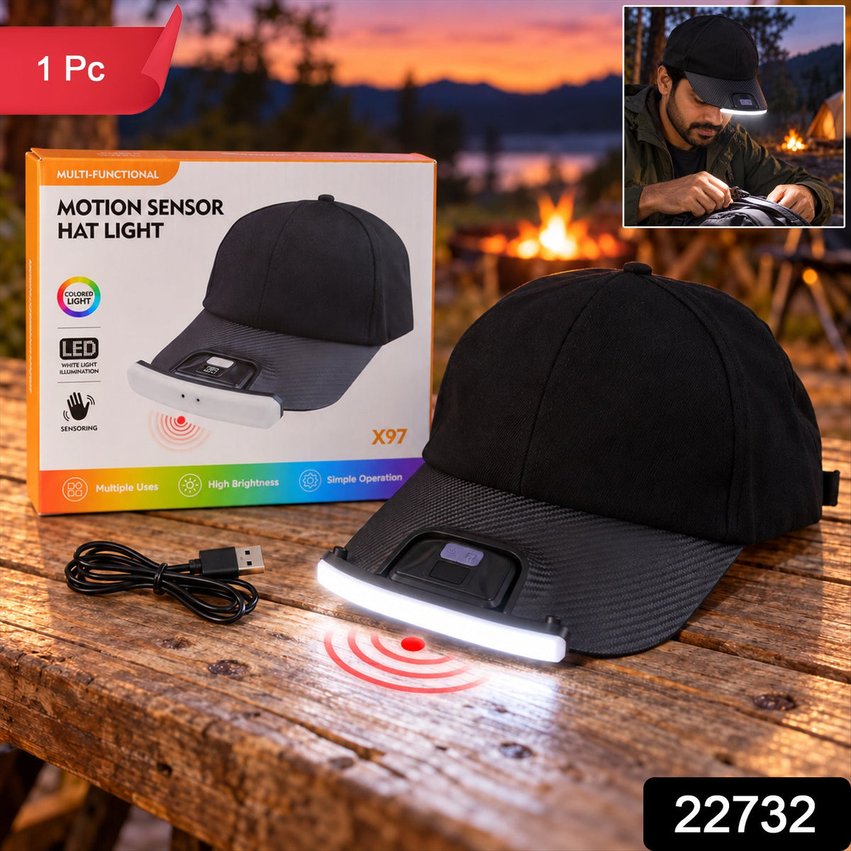 Wukusy motion sensor USB rechargeable LED hat light attached to a cap, ideal for camping and outdoor activities.