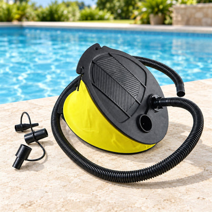 Wukusy manual foot air pump with flexible hose and nozzles for inflating pool floats and air beds, shown with attached nozzles.