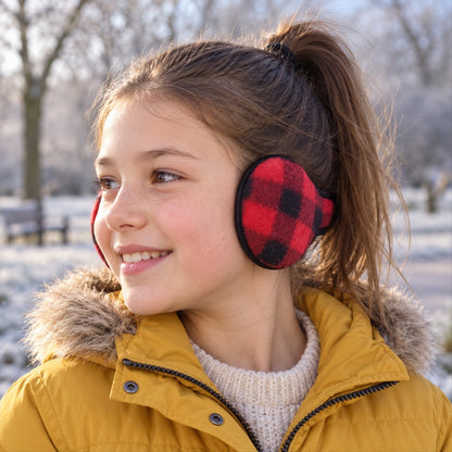 Wukusy check pattern winter ear muffs with behind neck band, warm and cozy for daily outdoor use, image shows close-up of the ear muffs.