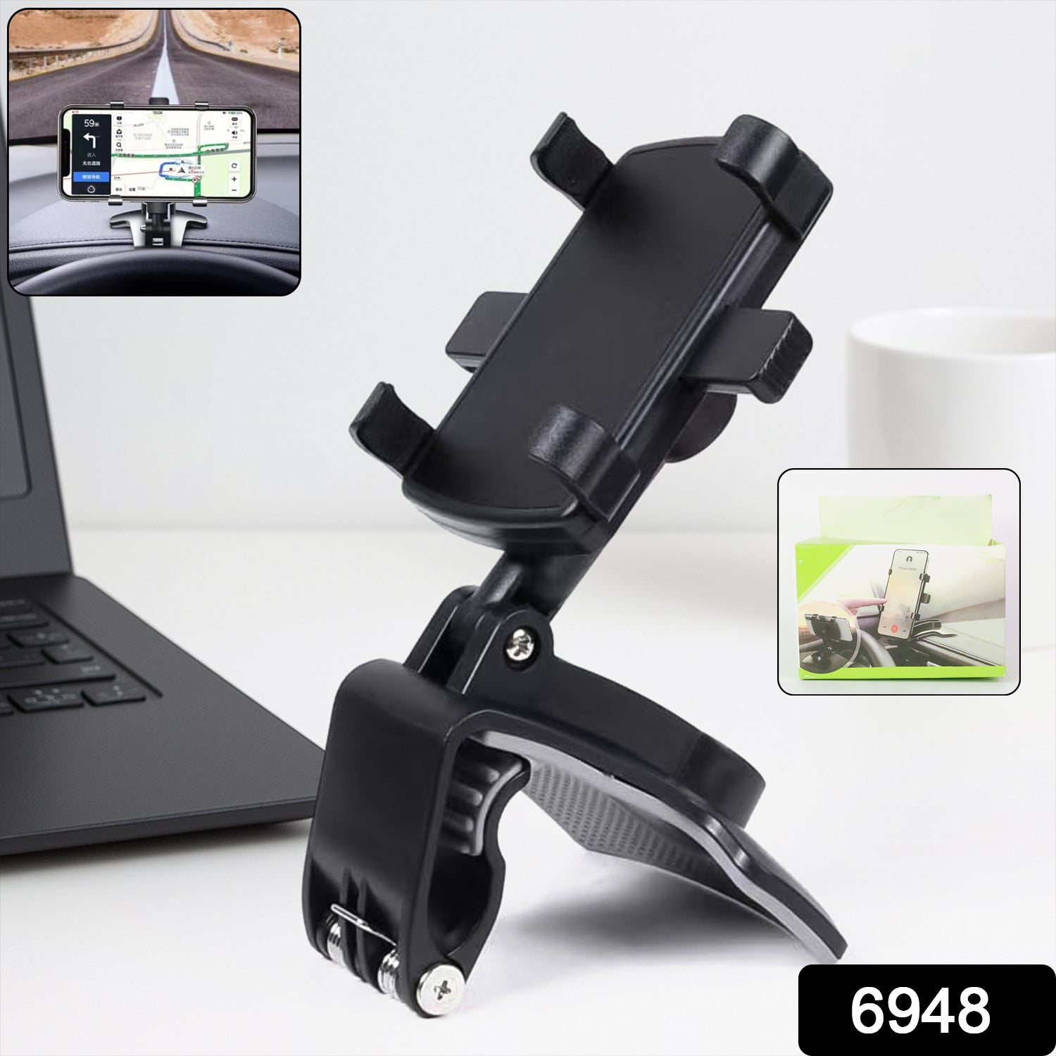 Wukusy universal car dashboard and desk mobile phone holder mounted on a vehicle dashboard showing phone placement