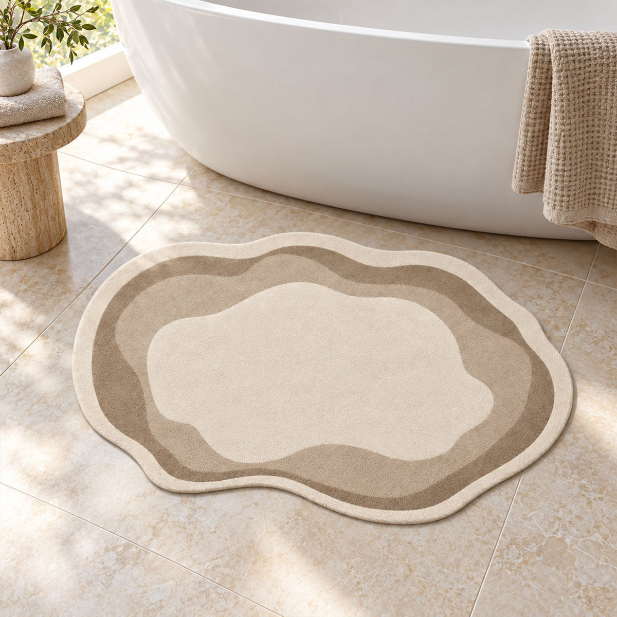 Wukusy decorative wavy-shaped bathroom floor mat in blue, 60x38 cm, suitable for indoor home use with textured surface.