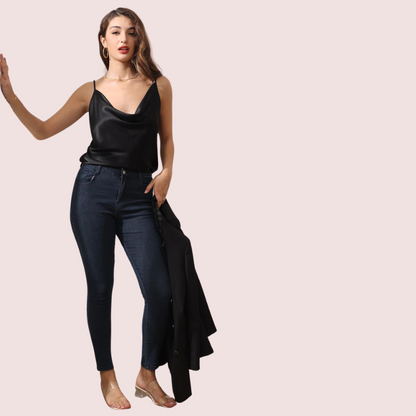 Snazzyway Éclat Satiné Cowl Neck Silk Satin Camisole showing a smooth, shiny silk fabric with a draped cowl neckline.