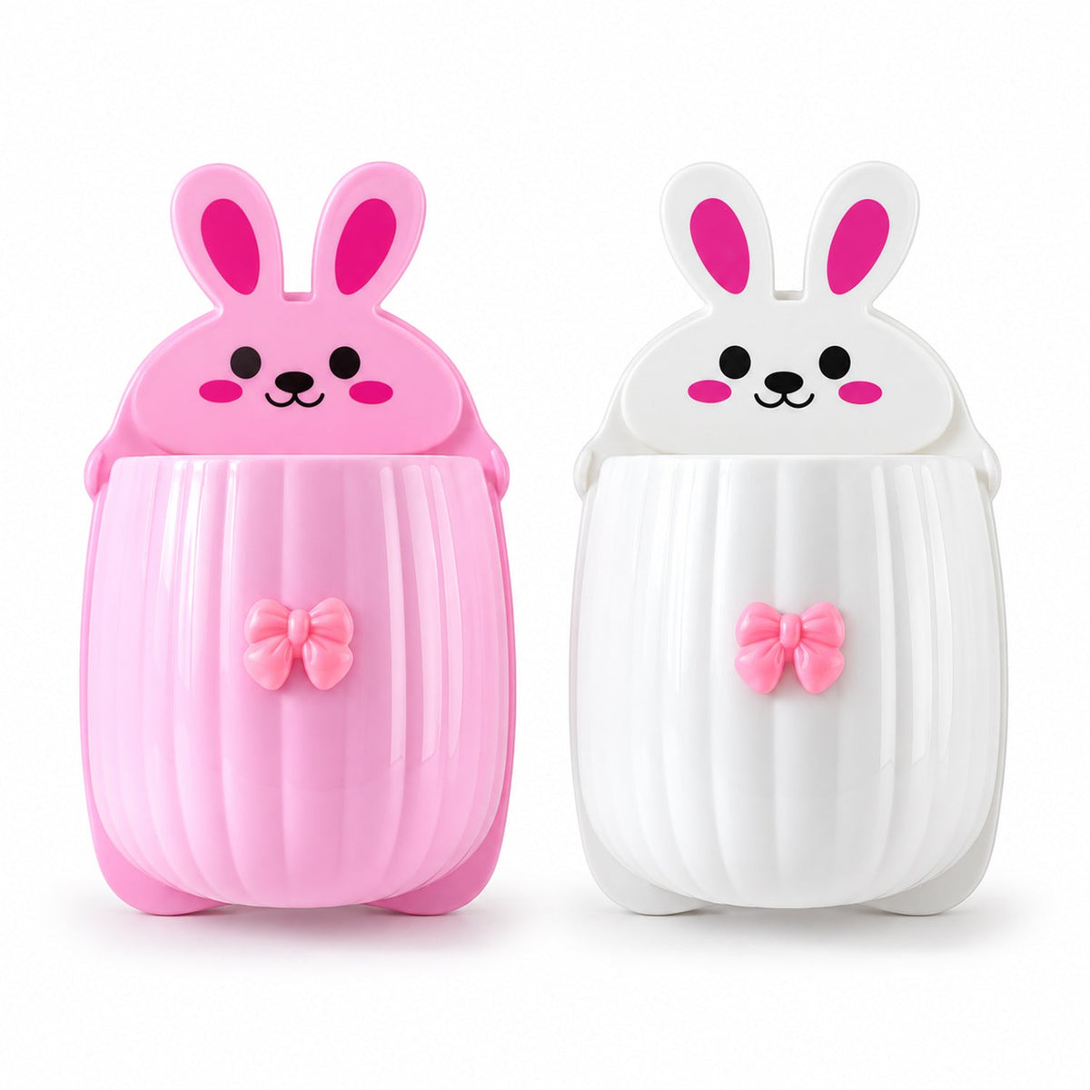 Wukusy rabbit design wall-mounted toothbrush holder set for bathroom storage with two ceramic holders on a wall.