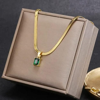Square Green Zircon Pendant Necklace Women's Classic Luxury Girls Jewelry Chain