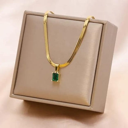 Square Green Zircon Pendant Necklace Women's Classic Luxury Girls Jewelry Chain