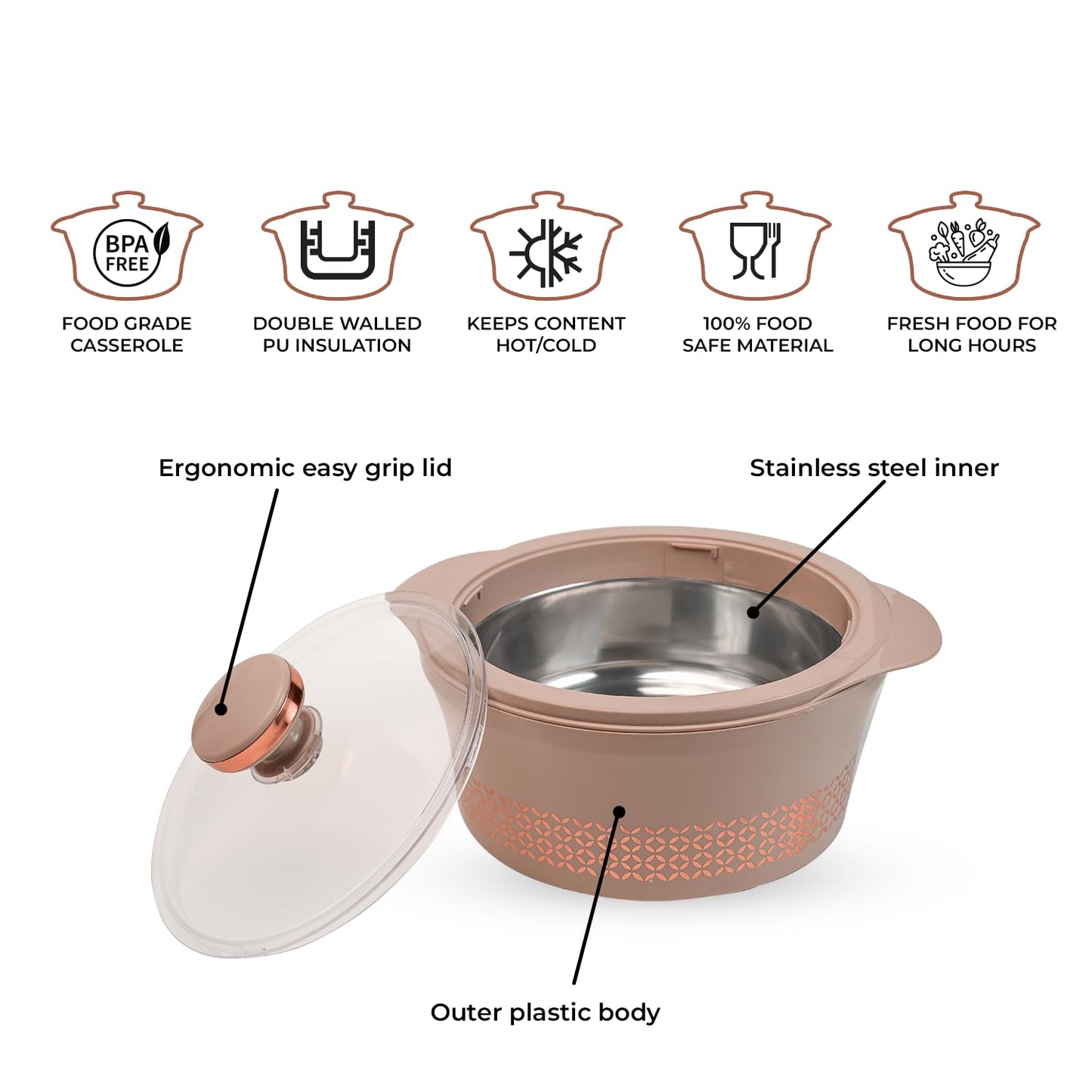Stainless Steel Casserole with Glass Lid|HotPot Thermosteel Insulated Casserole|Roti Server-2500 ML|