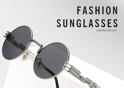 Drpshippr gothic metal round sunglasses with steampunk style and circle frame, featuring intricate metal detailing.