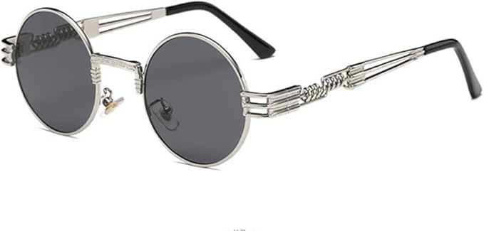 Pair of steampunk round sunglasses with gothic metal circle frames, featuring vintage-inspired design and dark tinted lenses.