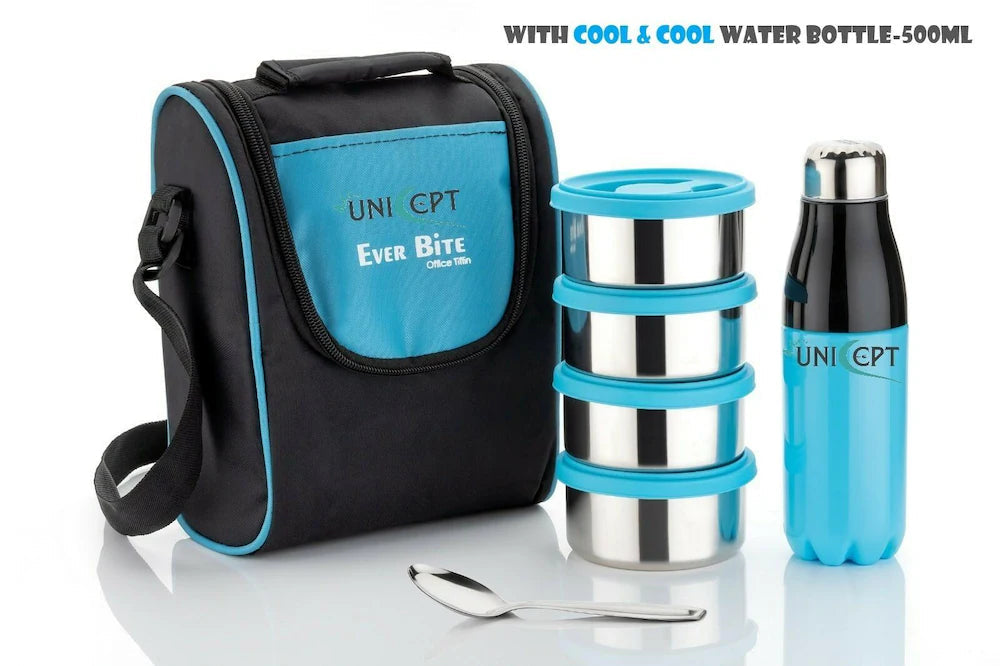 Steel Combo Lunch Box,4 Containers-800ML and 1 Insulated water bottle &Spoon