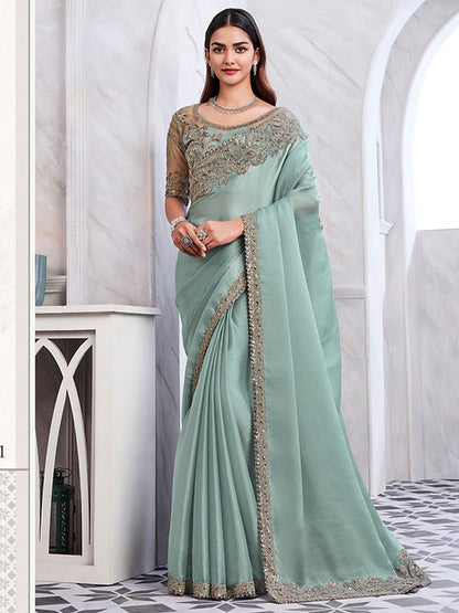 Summer Green Embroidered Party Wear Silk Saree