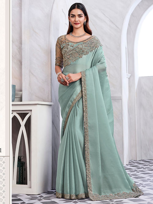 Summer Green Embroidered Party Wear Silk Saree