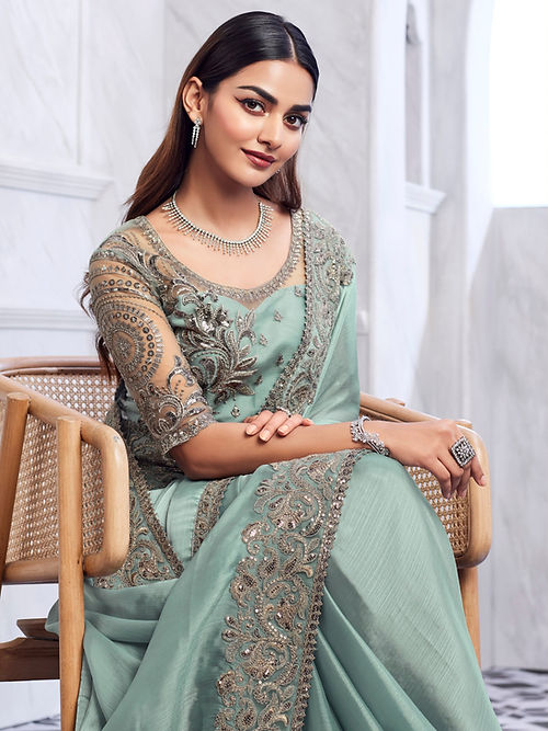 Summer Green Embroidered Party Wear Silk Saree