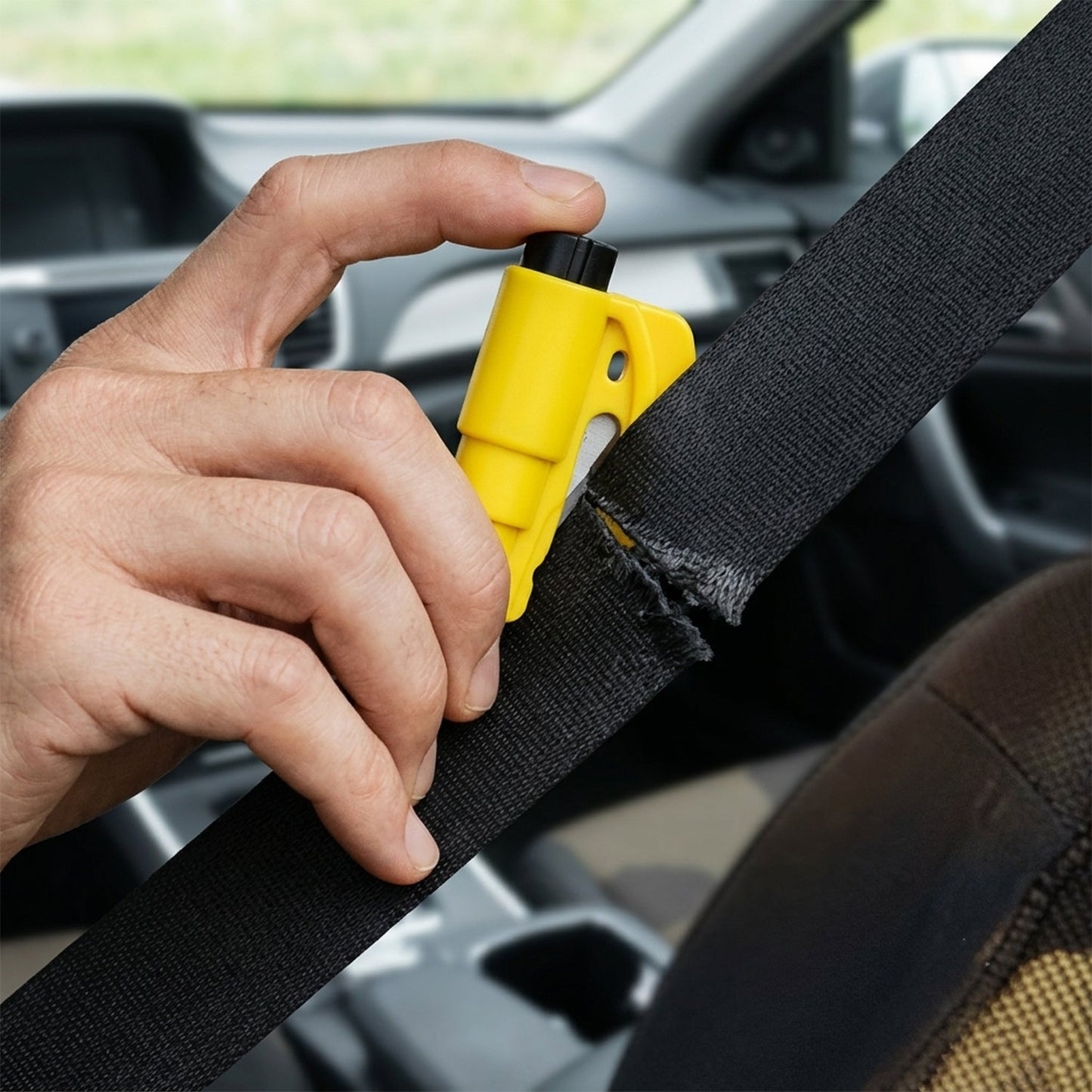 Wukusy keychain car safety hammer with seat belt cutter and window breaker, compact emergency tool for vehicle rescue.