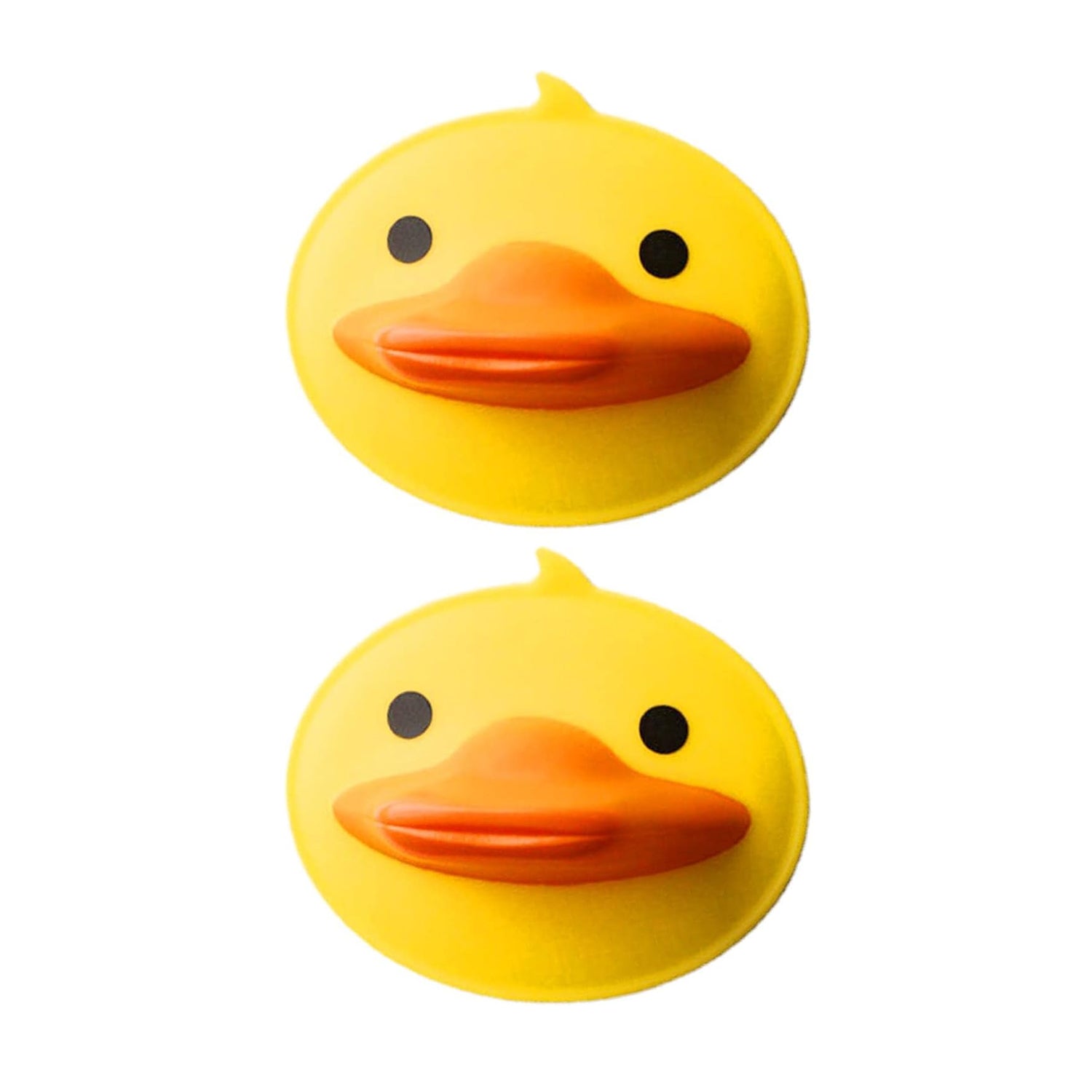 Two Wukusy cute duck-shaped silicone hot pot holders, colorful and flexible, designed for handling hot cookware safely.