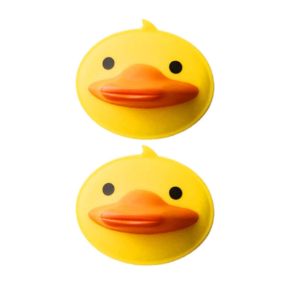 Two Wukusy cute duck-shaped silicone hot pot holders, colorful and flexible, designed for handling hot cookware safely.