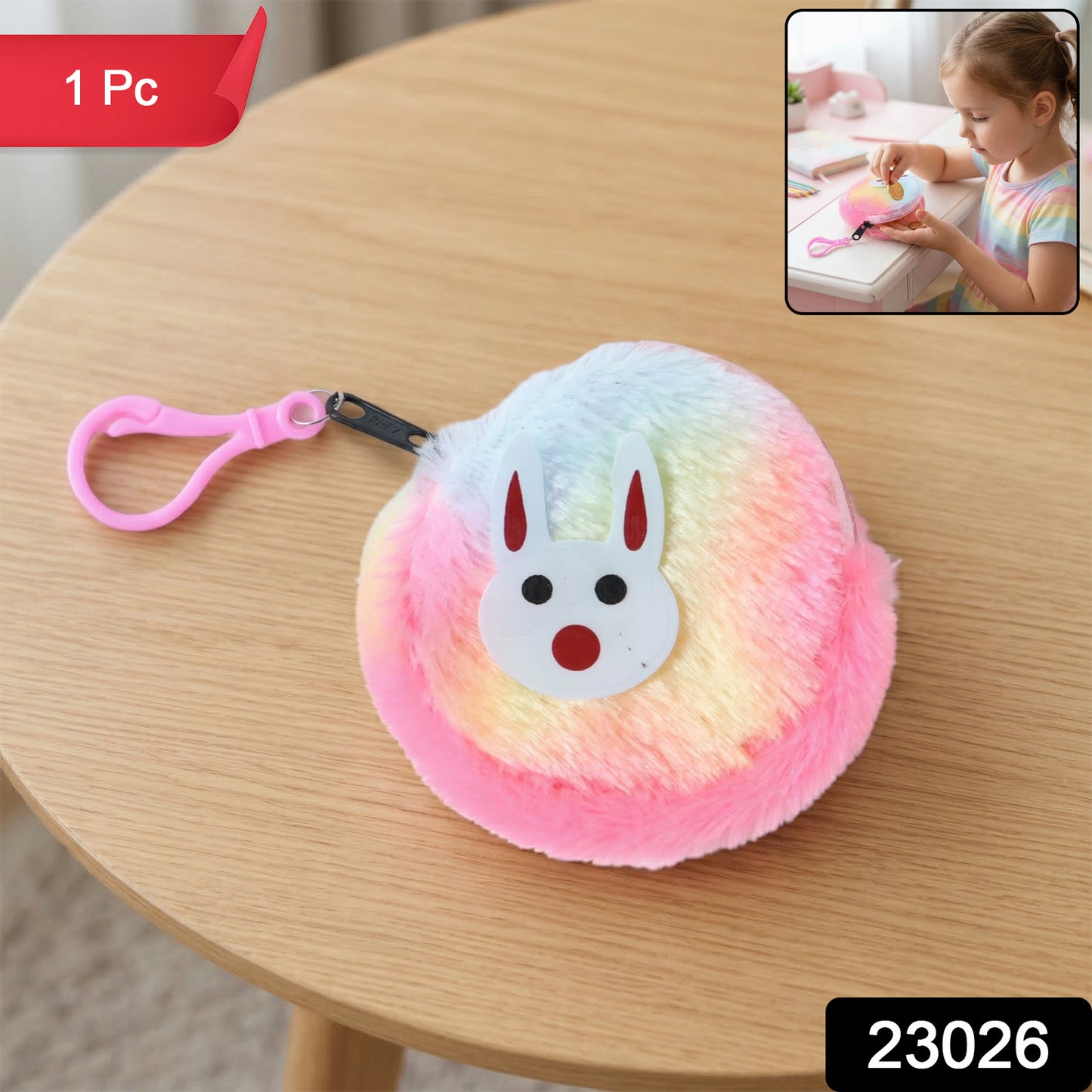 Cute Bunny Design Rainbow Fur Mini Coin Purse Keychain (1 Pc)
