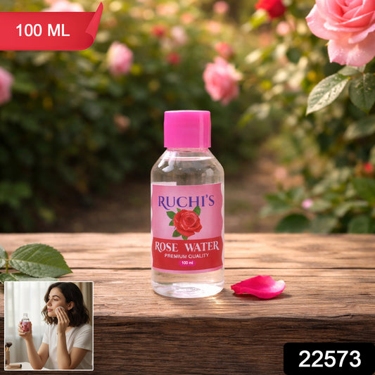 Wukusy Premium Rose Water Skin Toner and Face Mist bottle, 100ml, with fresh rose petals and mist spray nozzle visible.