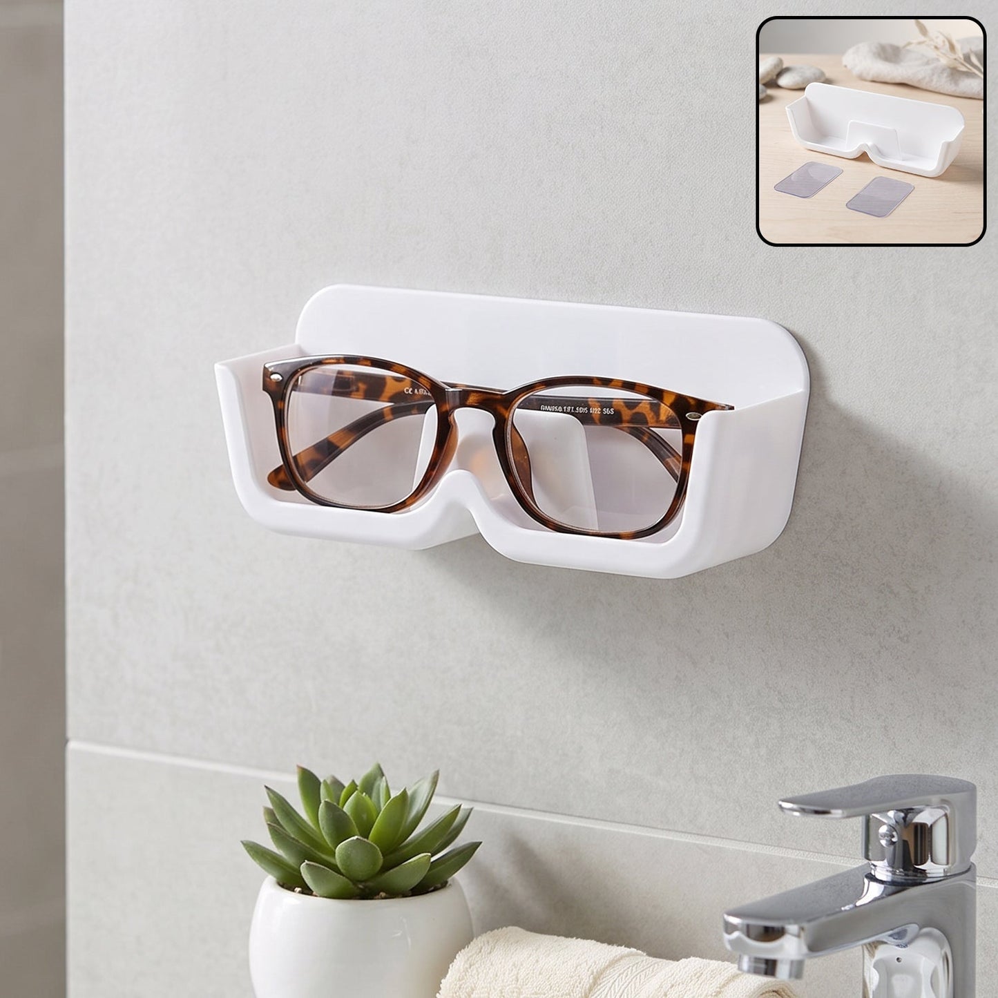 Wall-mounted Wukusy plastic sunglasses holder stand with adhesive, designed for organizing eyewear securely on walls.