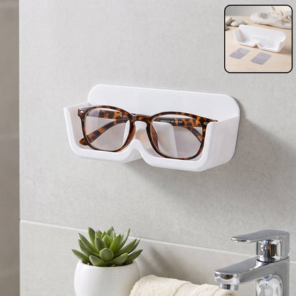 Wall-mounted Wukusy plastic sunglasses holder stand with adhesive, designed for organizing eyewear securely on walls.