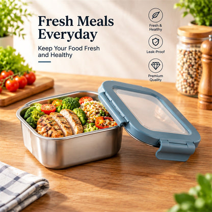 Wukusy Apex Square Steel Food Container with clip lock lid, 300ml capacity, ideal for lunch storage, durable stainless steel design