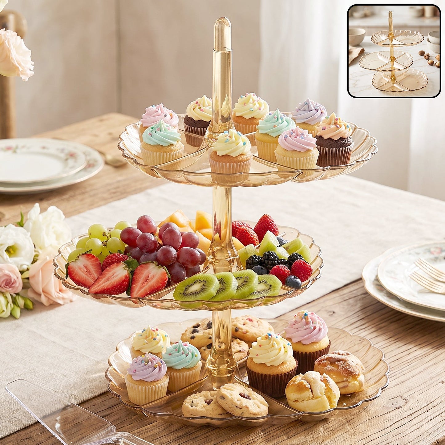 Wukusy acrylic 3-tier snack and dessert serving stand with clear tiers for parties or home use, showcasing a stylish multi-level display.