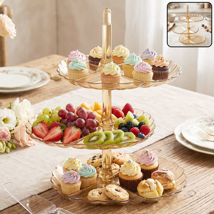 Wukusy acrylic 3-tier snack and dessert serving stand with clear tiers for parties or home use, showcasing a stylish multi-level display.