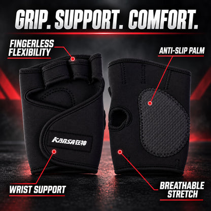Wukusy half finger gym gloves with padded palms for weight lifting and training, showing the gloves on a white background.