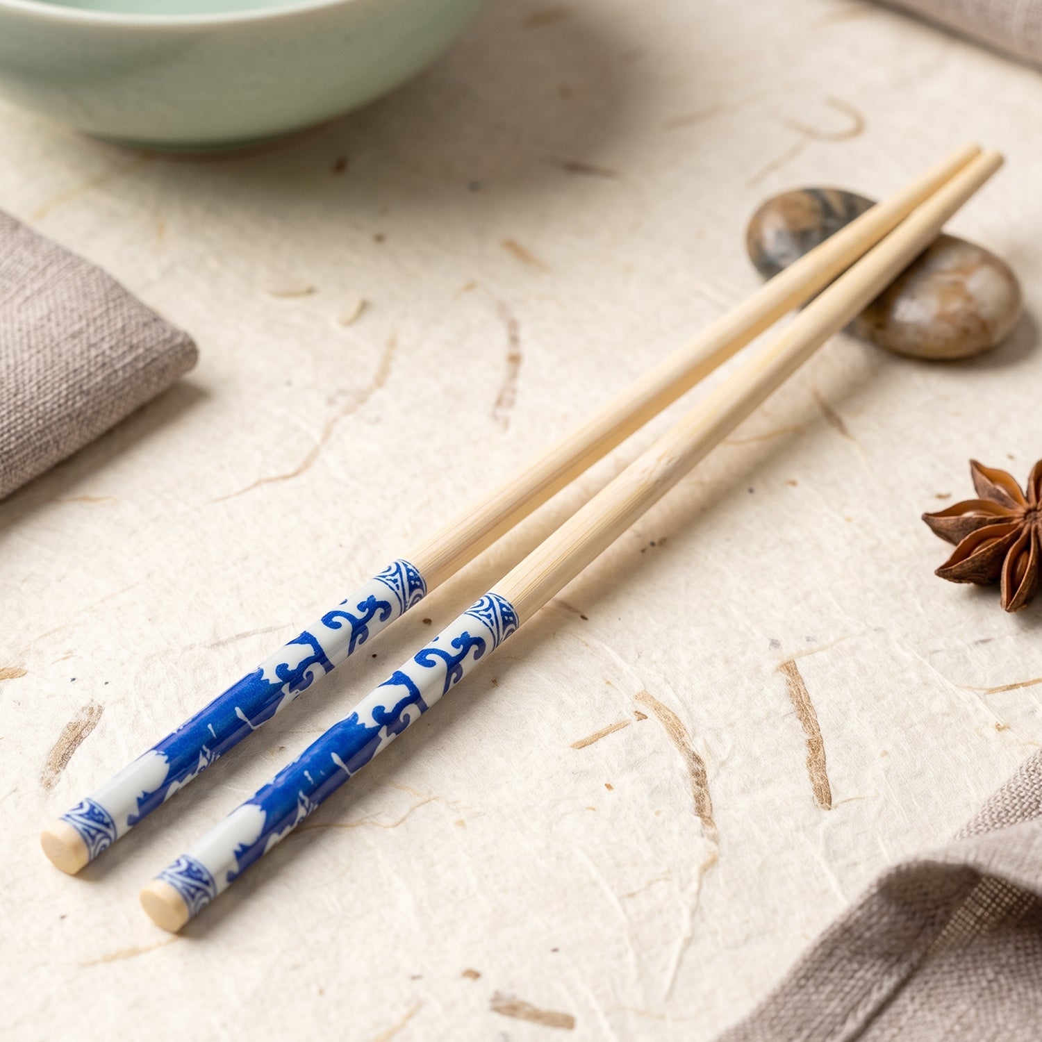 Reusable Bamboo Chopsticks With Blue Chinese Print Design (2 Pc)