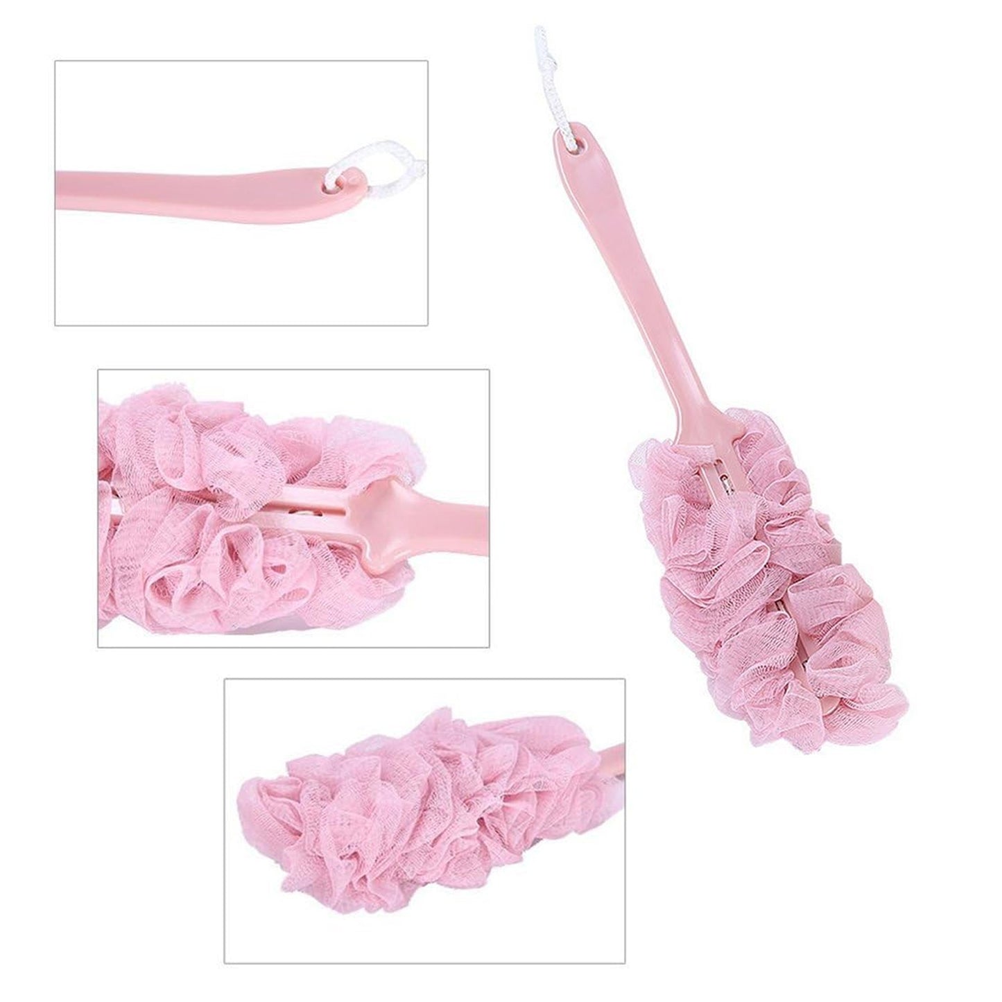 Wukusy 6702 loofah back scrubber with long handle, soft nylon mesh bath sponge for shower and body cleaning, suitable for women and men