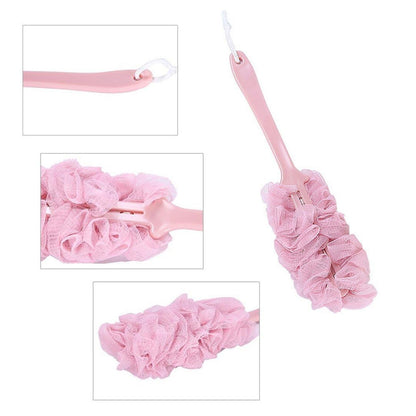 Wukusy 6702 loofah back scrubber with long handle, soft nylon mesh bath sponge for shower and body cleaning, suitable for women and men
