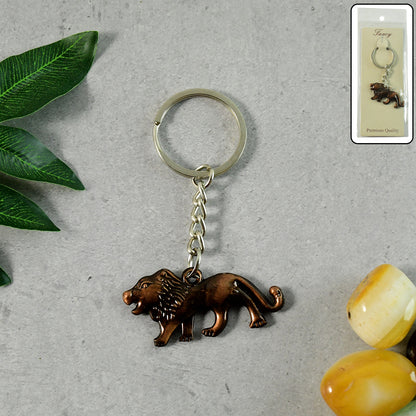 Elegant lion-shaped metal keychain by Wukusy, featuring detailed walking lion design on a keyring.