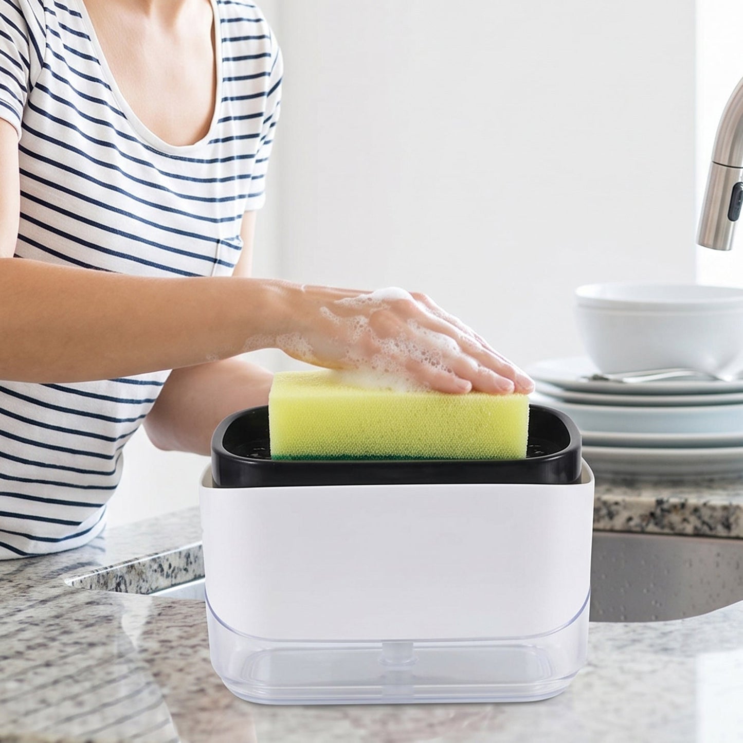 2 In 1 Press Soap Pump Dispenser With Sponge Holder For Kitchen Sink (1 Pc)