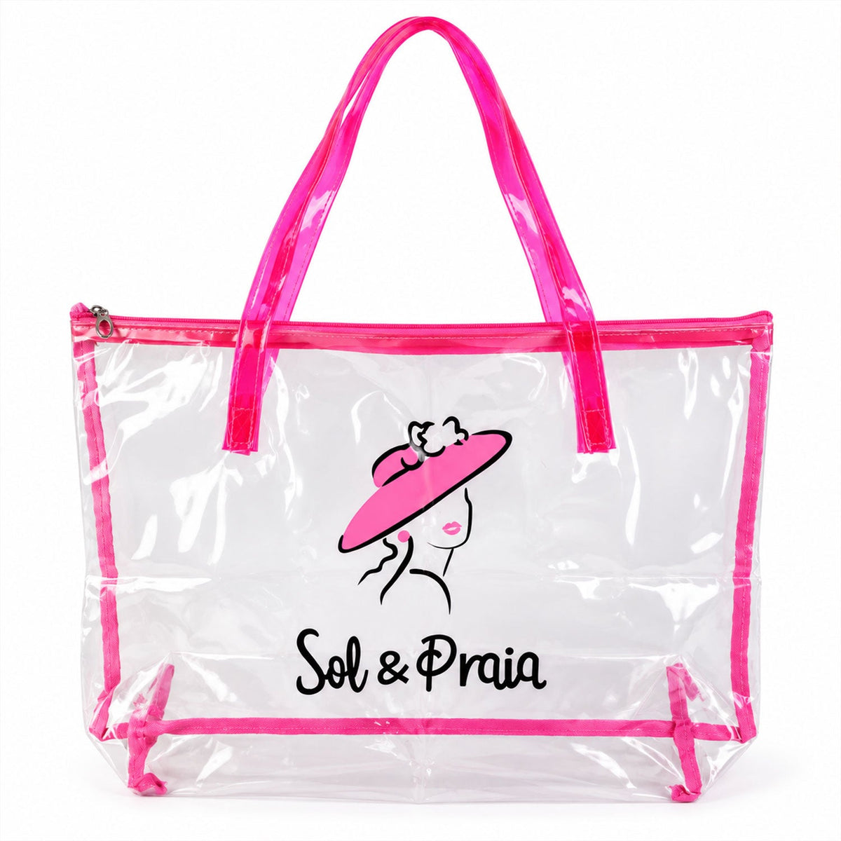 Clear PVC tote bag with top zipper and handles, perfect for travel, by Wukusy, measuring 35x52 cm.