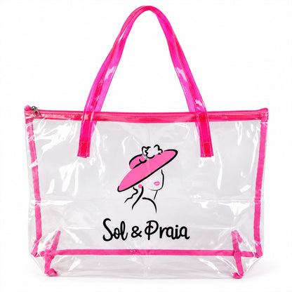 Clear PVC tote bag with top zipper and handles, perfect for travel, by Wukusy, measuring 35x52 cm.
