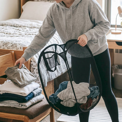 Wukusy collapsible mesh laundry hamper, portable clothes storage basket with 34x34x57cm dimensions, lightweight and foldable.