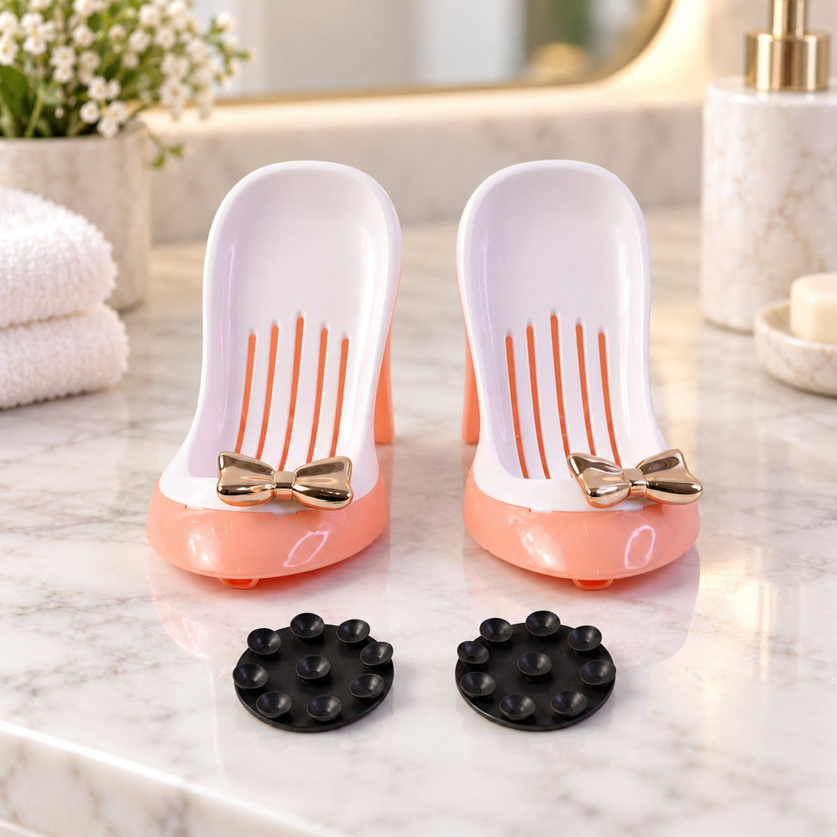 Pair of Wukusy shoe-shaped shower soap holders with drainage and suction mounts, designed to keep soap dry and secure.