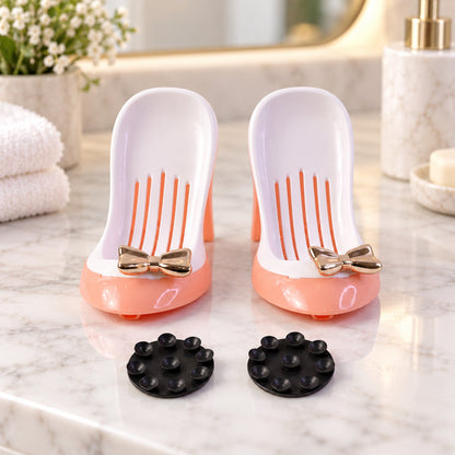 Pair of Wukusy shoe-shaped shower soap holders with drainage and suction mounts, designed to keep soap dry and secure.