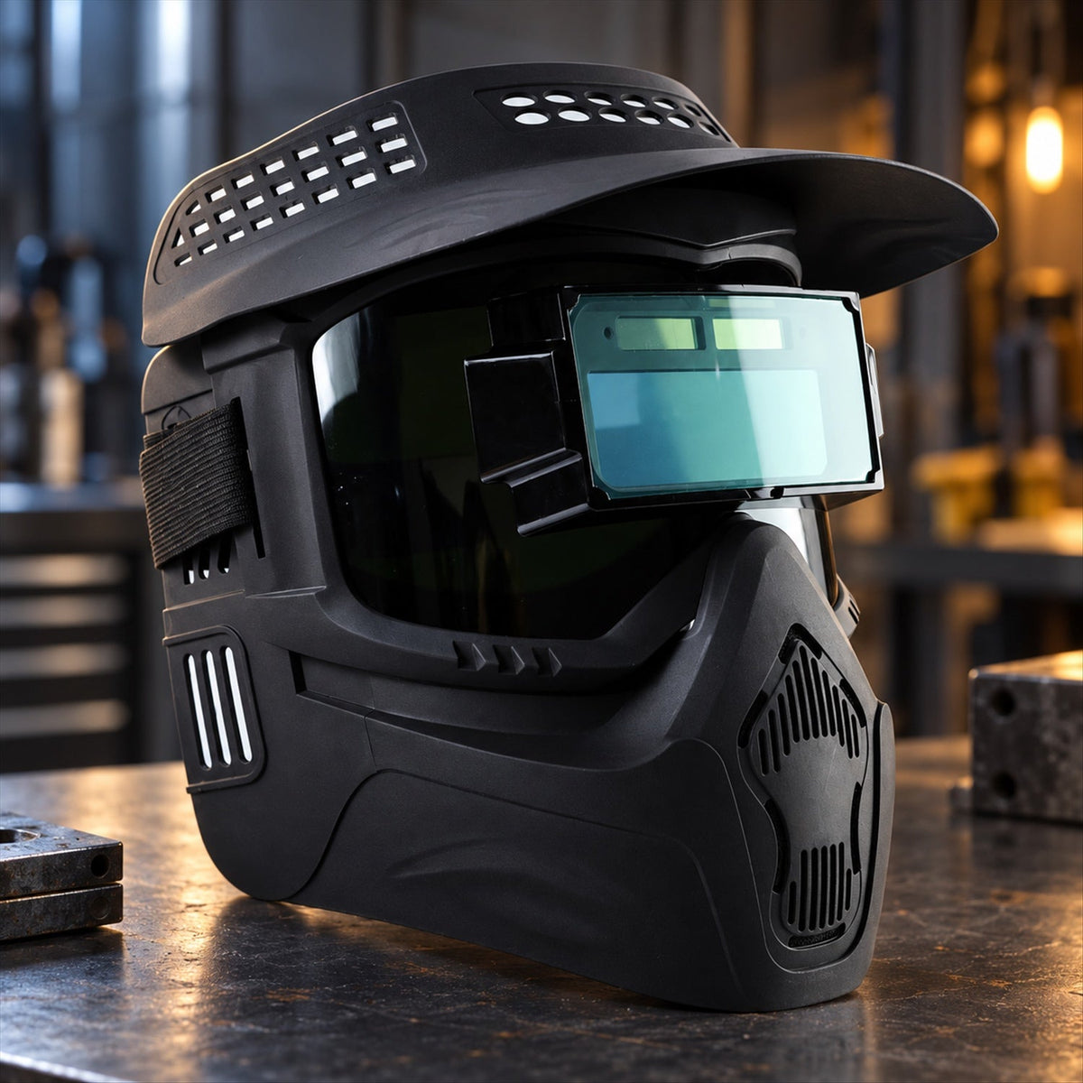 Wukusy automatic dimming welding mask with solar-powered filter, showing the mask's adjustable viewing window and lightweight design