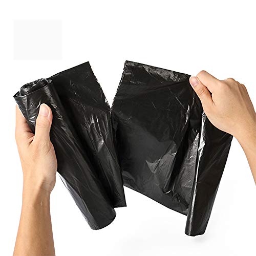 Black medium-sized Wukusy garbage bag, 24x32 inches, for home improvement, shown filled with trash in a kitchen setting.