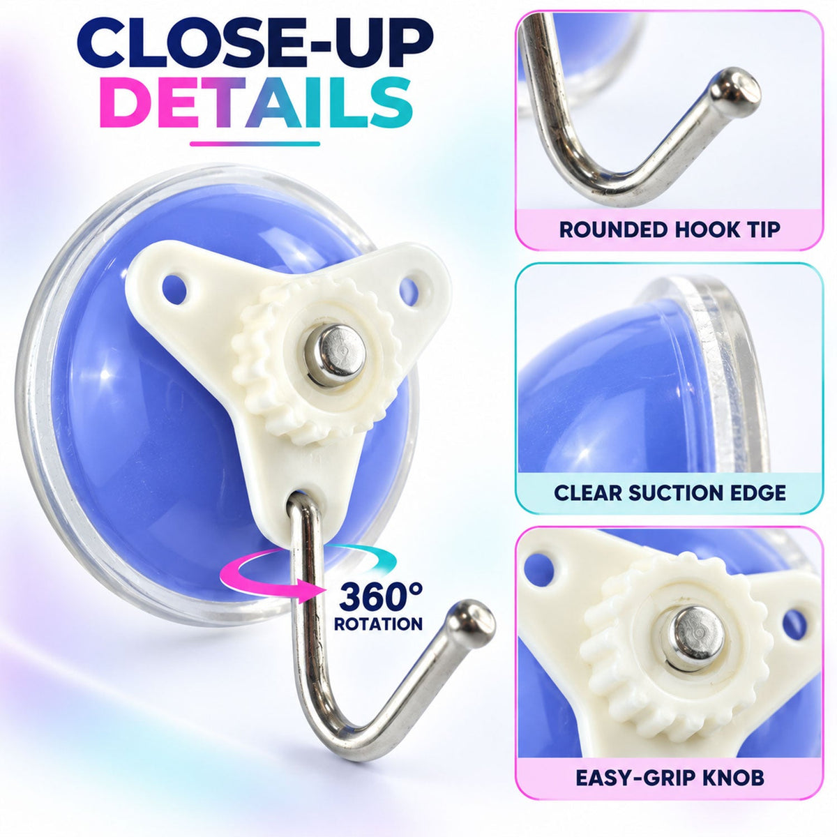 Wukusy 3-piece suction cup snap wall hooks for bathroom and kitchen storage