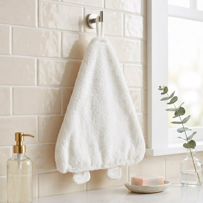 Wukusy cartoon microfiber hanging hand towel, quick-dry kitchen wipe cloth displayed hanging with colorful cartoon design.